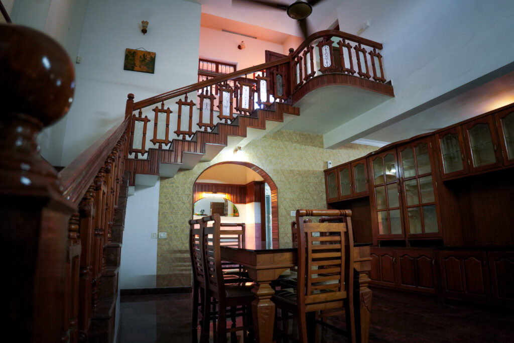 Wooden staircase and dining area