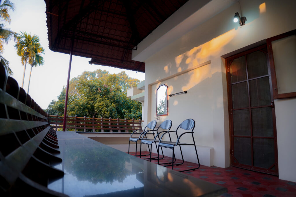 peaceful balcony with seating and garden view